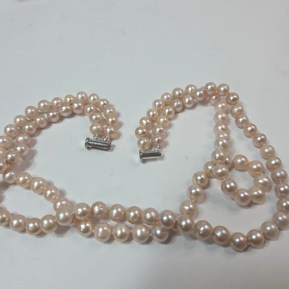 authentic akoya 2 strand high luster pink pearl necklace 8mm barrel slide clasp